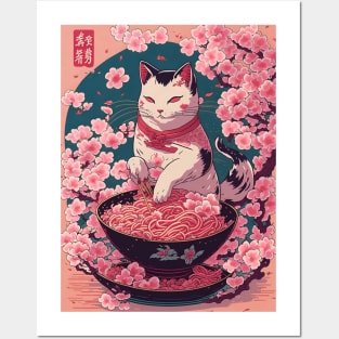 Japanese Cat in a Peach Blossom Garden Posters and Art